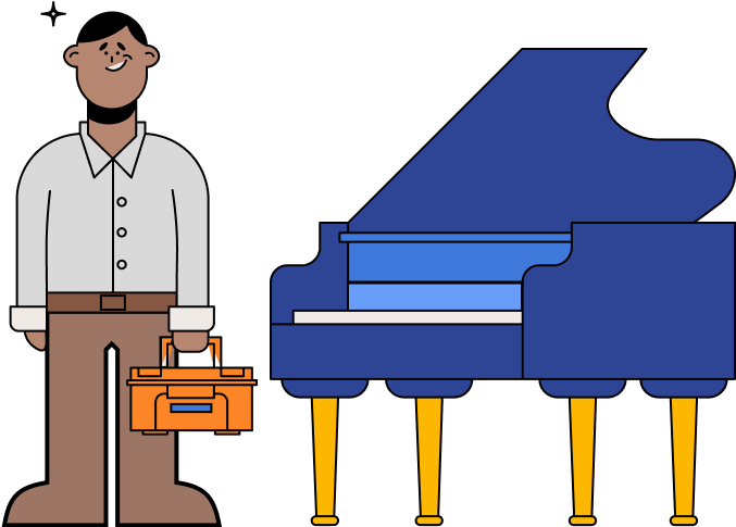 A picture of a piano tuner standing beside a piano.